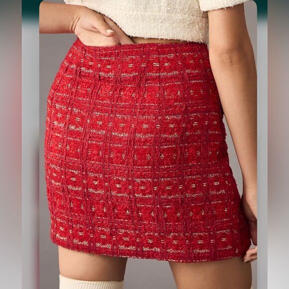 Anthropologie Endless Rose Red Tweed Gold Sparkle Holiday Mini Skirt - Picture 3 of 15